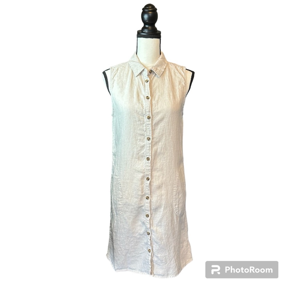 H by HALSTON Linen 100% Beige Sleeveless Collared Button Dress Pockets Size S
